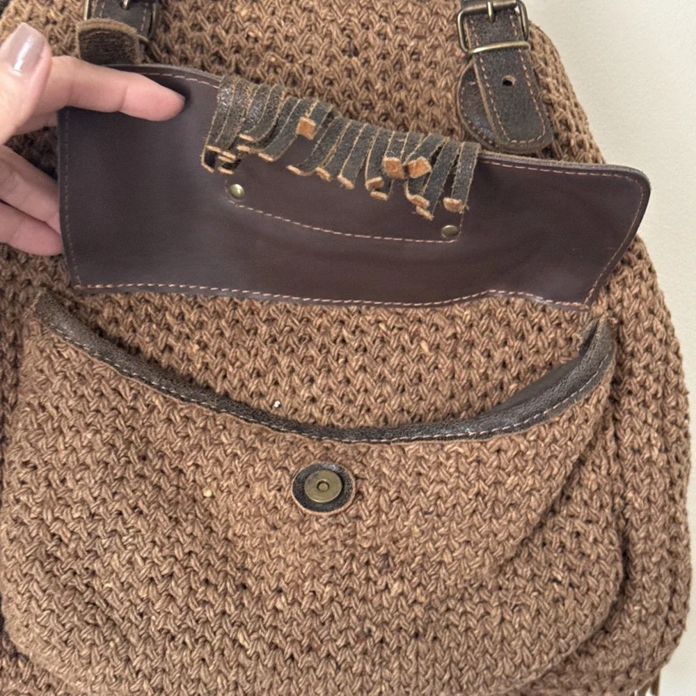 Bonfanti Purse Crochet Wool Knit Handbag Brown Leather Bag Indie‎ Hippie Italy